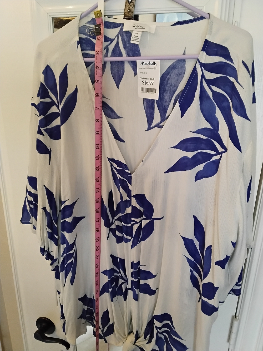 Marshalls White Tunic with Bold Blue Leaf Print and Front Tie